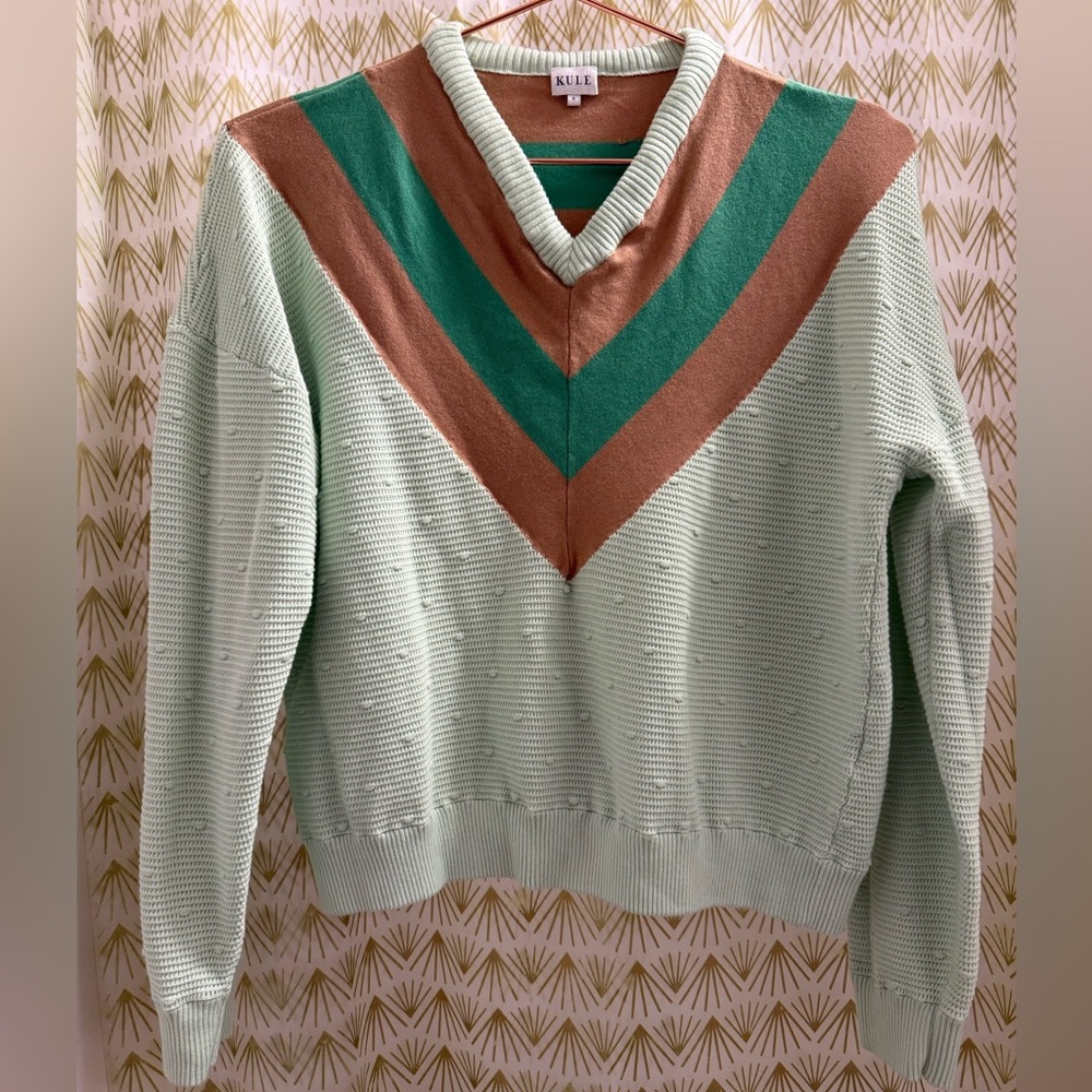 KULE Mint and Tan V-Neck Sweater